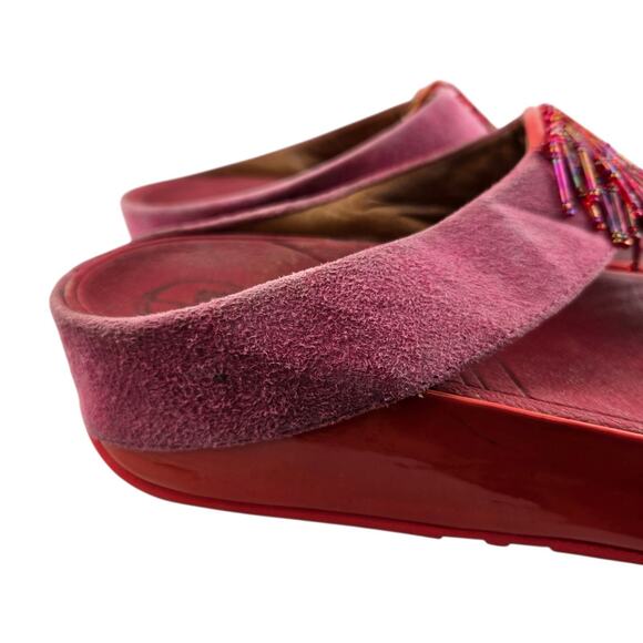 Fitflop Cha Cha Sandals Womens 11 Pink Suede Red Patent Beaded Thong Slip On - Picture 2 of 10